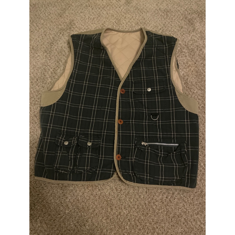 Tommy Hilfiger Men Vest L‎ Tan Reversible Quilt Plaid Button Front Vintage Stain - Picture 3 of 8